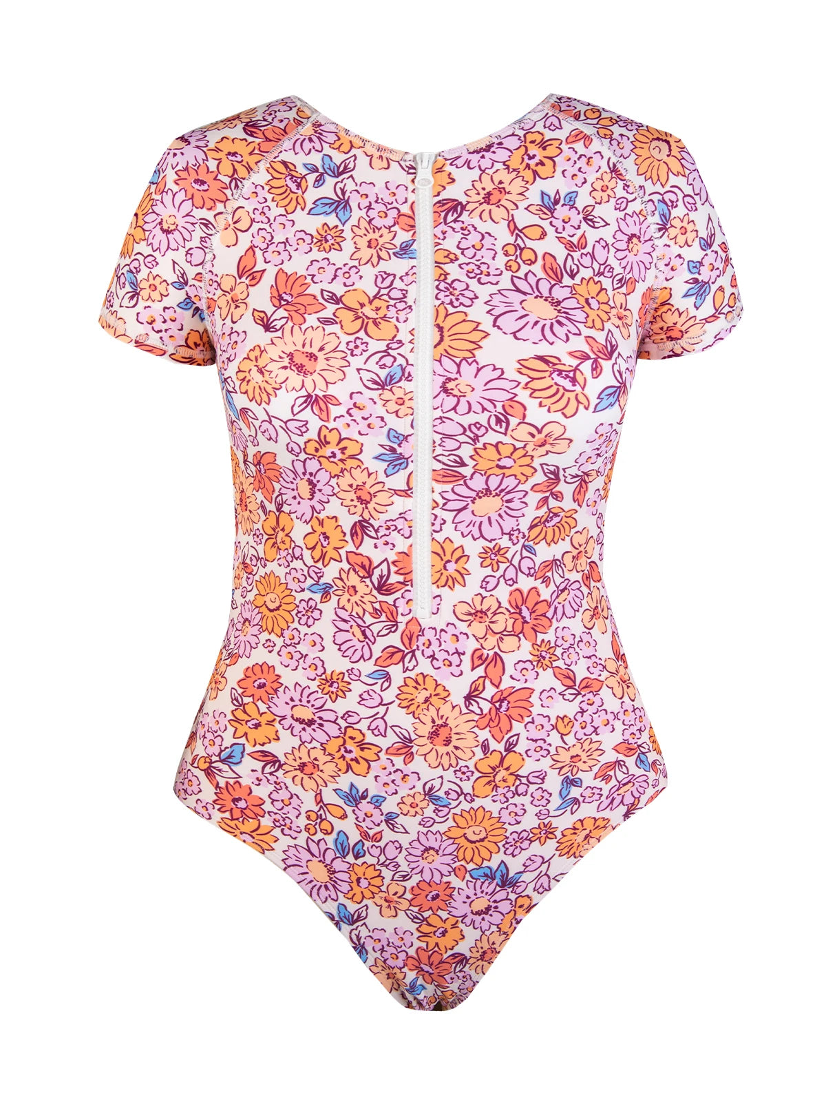 Ditsy Zipper Short Sleeve One-Piece Swimsuit
