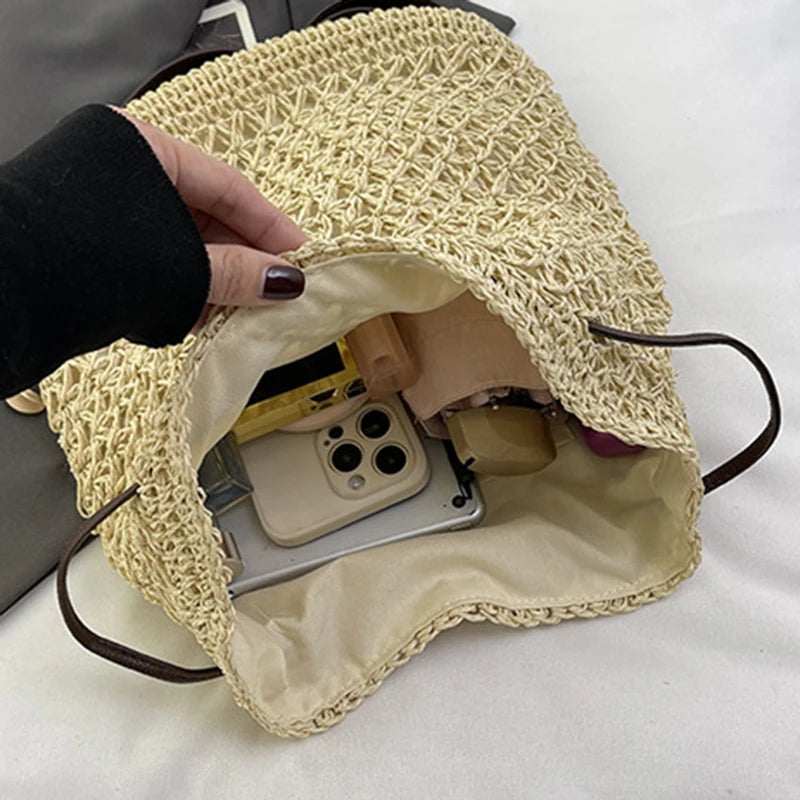 Summer Straw Drawstring Backpack